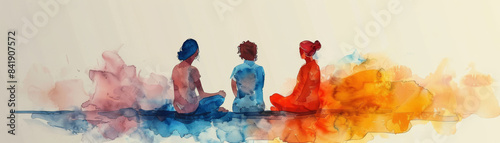 Vibrant watercolor painting of three figures meditating, surrounded by blue, red, and orange hues, representing a serene and peaceful scene.