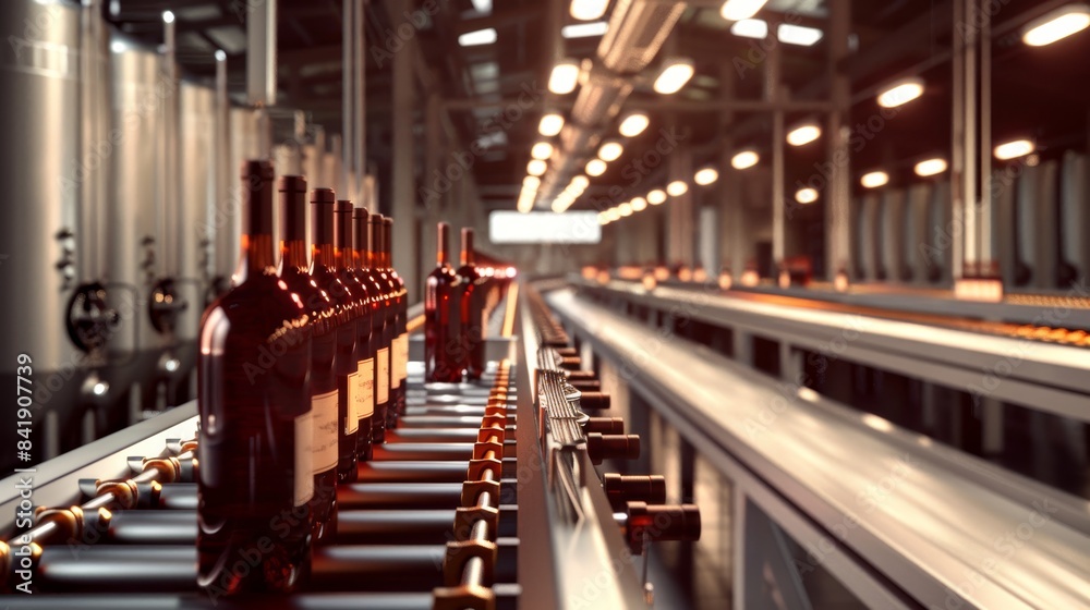 Minimalist wine factory with red wine bottles on conveyor belts, photo realistic capture of the filling line process in the food industry Minimalist wine factory with red wine bottles on conveyor belts, photo realistic capture of the filling line process in the food industry