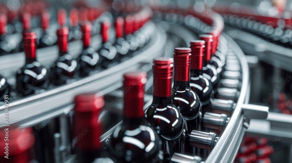 Minimalistic close-up of wine factory conveyor belts with red wine bottles, photorealistic detail of the filling process in the food industry Minimalistic close-up of wine factory conveyor belts with red wine bottles, photorealistic detail of the filling process in the food industry