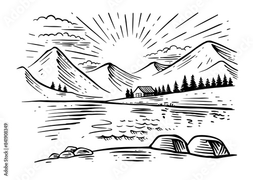 Country house in mountains. Cabin hand drawing