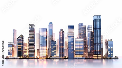 Modern skyscrapers in city center at twilight, reflective glass facades, urban architecture, photo realistic, isolated on white background, copy space
