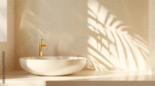 Morning sunlight on an empty bathroom counter with a luxury round ceramic washbasin and golden faucet, minimalistic design, photorealistic, blank space for product display