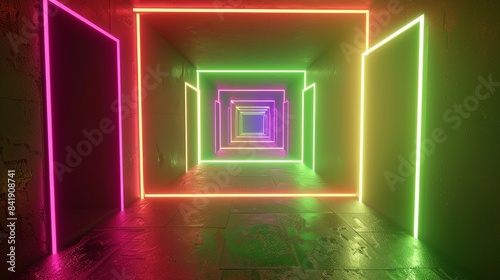 Neon green corridor with ultraviolet spectrum lighting, featuring a square portal, ideal for virtual reality settings, abstract visuals, and laser show effects © JP STUDIO LAB