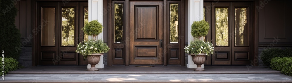 A large wooden door with four glass panels and a red carpet in front of it. The door is surrounded by potted plants, including a few small ones and a large one. The scene gives off a warm A large wooden door with four glass panels and a red carpet in front of it. The door is surrounded by potted plants, including a few small ones and a large one. The scene gives off a warm
