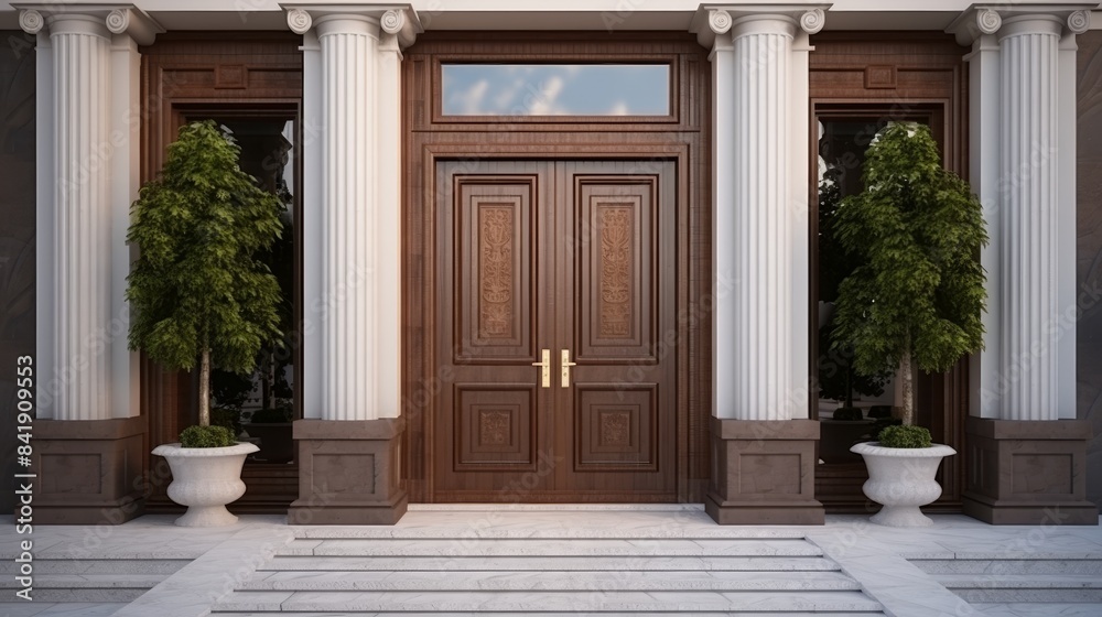A large wooden door with four glass panels and a red carpet in front of it. The door is surrounded by potted plants, including a few small ones and a large one. The scene gives off a warm A large wooden door with four glass panels and a red carpet in front of it. The door is surrounded by potted plants, including a few small ones and a large one. The scene gives off a warm