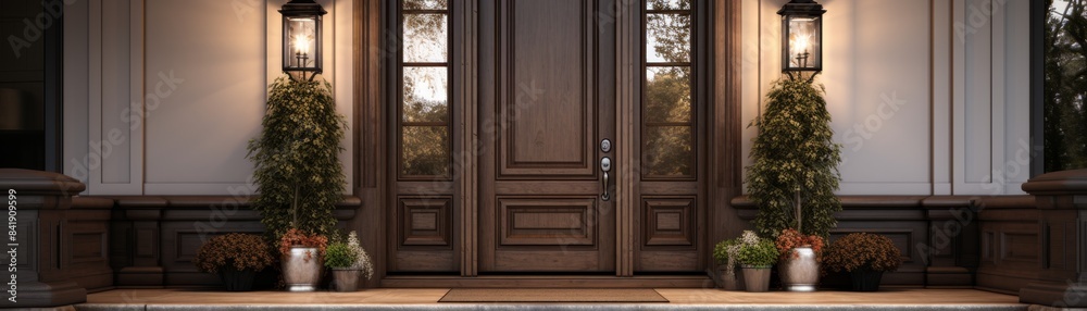 A large wooden door with four glass panels and a red carpet in front of it. The door is surrounded by potted plants, including a few small ones and a large one. The scene gives off a warm A large wooden door with four glass panels and a red carpet in front of it. The door is surrounded by potted plants, including a few small ones and a large one. The scene gives off a warm