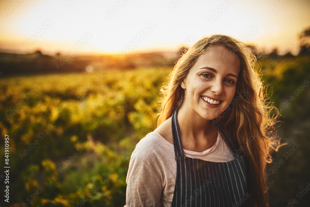 Eco friendly, farming and portrait of woman with smile for agriculture, growth and production in nature. Happy, farmer and face with pride for sustainable business, environment and ngo in Australia
