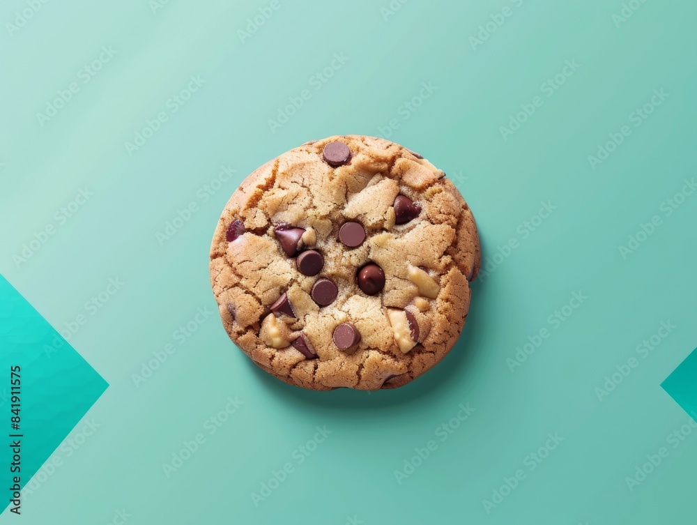 A chocolate chip cookie, on a teal background with geometric shapes.