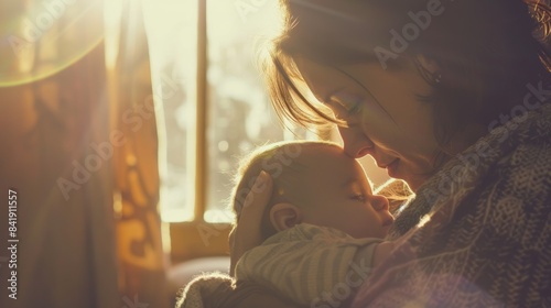 A mother breastfeeding her newborn baby, with soft natural light illuminating the tender moment