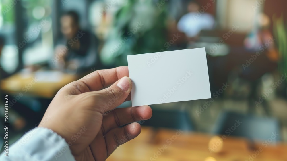 Close-up of a blank white business card mockup being handed over in an office setting Close-up of a blank white business card mockup being handed over in an office setting