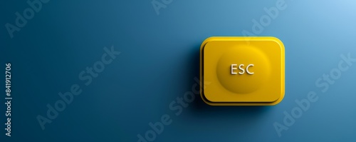 Yellow escape key button placed on blue background representing digital technology concept photo