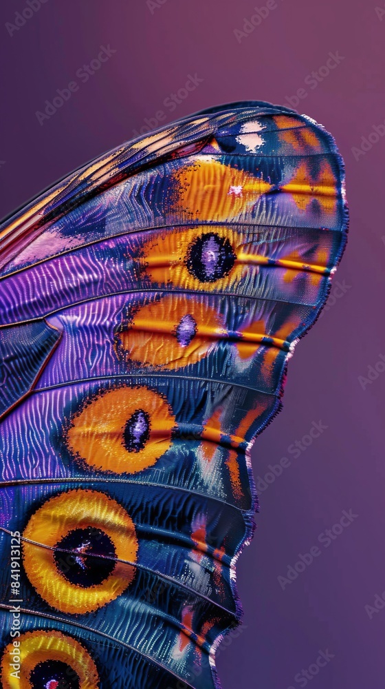 Obraz premium Close-up of vibrant butterfly wing with intricate patterns, psychedelic colors. Nature and beauty concept