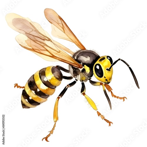 Detailed Watercolor of a Striking Yellow and Black Wasp in Flight