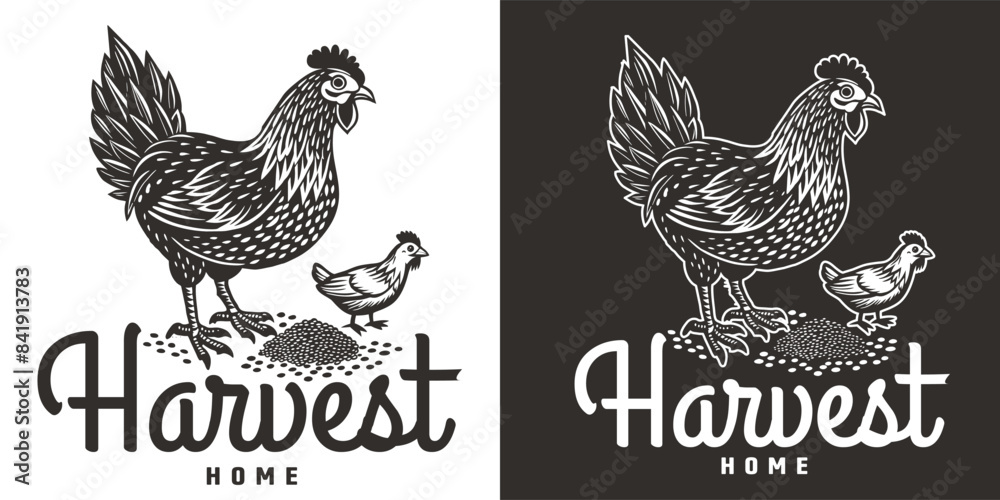 Fototapeta premium Vintage inspired linocut emblem design featuring a chicken, ideal for eco friendly and natural farming product labels, rendered in a classic monochrome black and white style
