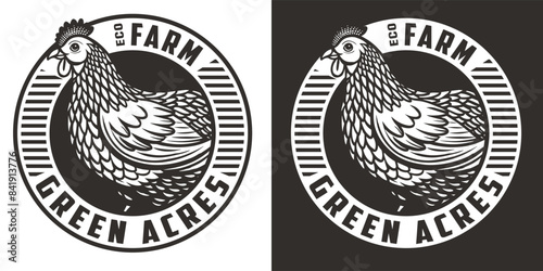 Monochrome linocut illustration featuring a chicken, representing natural products from eco friendly farming, styled with a vintage emblem design in black and white