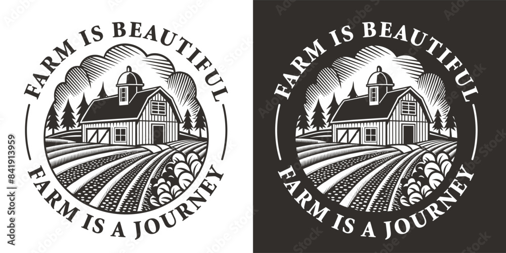 Obraz premium Classic black and white linocut design featuring a quaint farm landscape encircled by the inspiring message 'farm is beautiful, farm is a journey,' capturing the essence of eco friendly farming