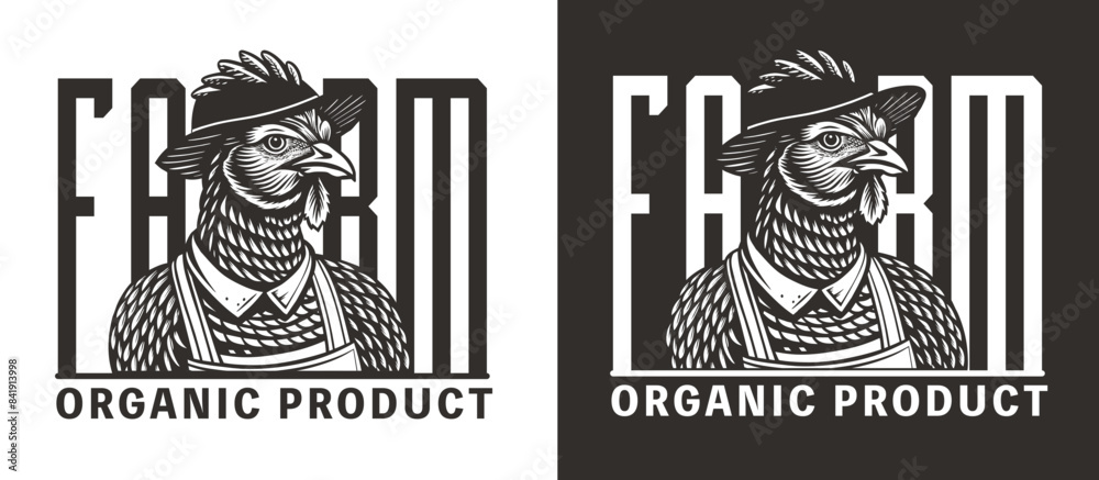 Fototapeta premium Linocut style vintage emblem featuring proud rooster, symbolizing eco friendly farming and natural products. Presented in black and white for a classic, monochrome look