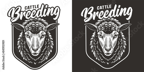 Classic black and white linocut style emblem featuring the head of a sheep, symbolizing eco friendly cattle breeding and natural farming practices in a vintage aesthetic