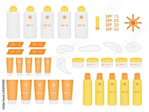 Set of sun protection products. Body milk in a tube and lip balm. Sunscreen spray in a yellow bottle with an orange cap. Face cream in a round jar. Smears of cream and SPF text. Vector. Sun protection