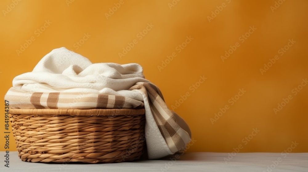 A basket of yellow towels is on a table next to a vase of flowers. The towels are piled on top of each other, and the basket is made of woven material. Concept of warmth and comfort A basket of yellow towels is on a table next to a vase of flowers. The towels are piled on top of each other, and the basket is made of woven material. Concept of warmth and comfort