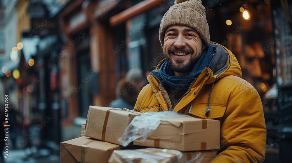 Cheerful Delivery Driver with Multiple Packages on Dolly Against Urban Background, Selective Focus on Driver, Dynamic Blend Mode Cheerful Delivery Driver with Multiple Packages on Dolly Against Urban Background, Selective Focus on Driver, Dynamic Blend Mode