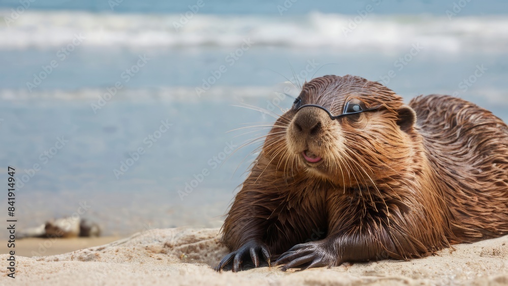 Cool beaver with glasses relaxing on a sunny beach background Cool beaver with glasses relaxing on a sunny beach background