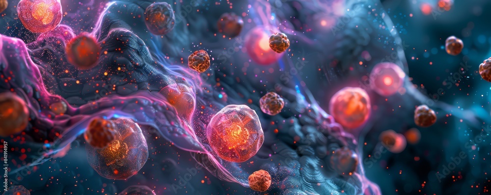 A microscopic view of cancer cells undergoing apoptosis, programmed cell death induced by chemotherapy drugs. A microscopic view of cancer cells undergoing apoptosis, programmed cell death induced by chemotherapy drugs.
