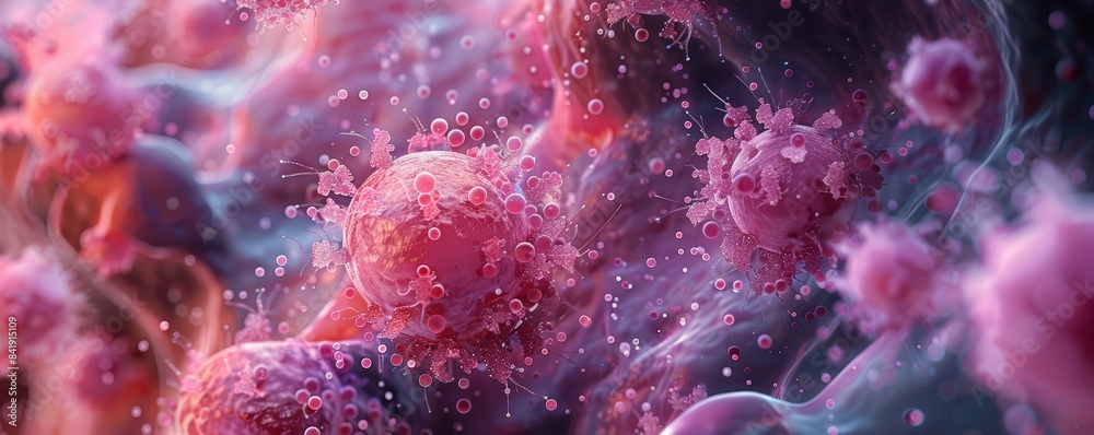 A microscopic image revealing the presence of cancer cells in a tissue biopsy sample, diagnosed under a pathology microscope. A microscopic image revealing the presence of cancer cells in a tissue biopsy sample, diagnosed under a pathology microscope.