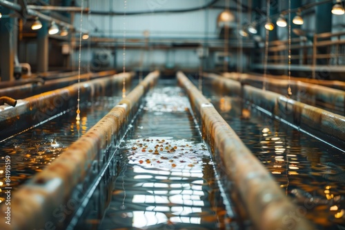A fish hatchery with rows of incubation tanks filled with fish eggs and fry the early stages of fish farming photo
