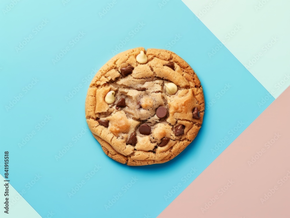 A chocolate chip cookie, on a blue background with geometric shapes. for ads A chocolate chip cookie, on a blue background with geometric shapes. for ads