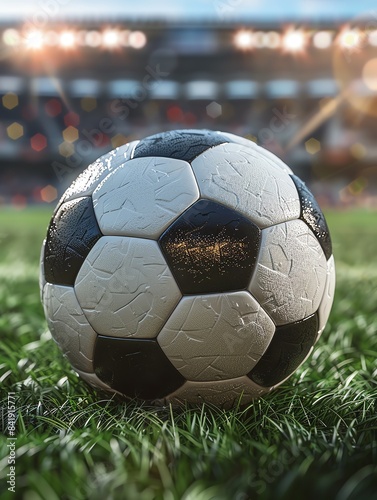 A detailed closeup of a classic black and white soccer ball positioned on green grass in a stadium The stadiums spotlights shine brightly © Karn AS Images