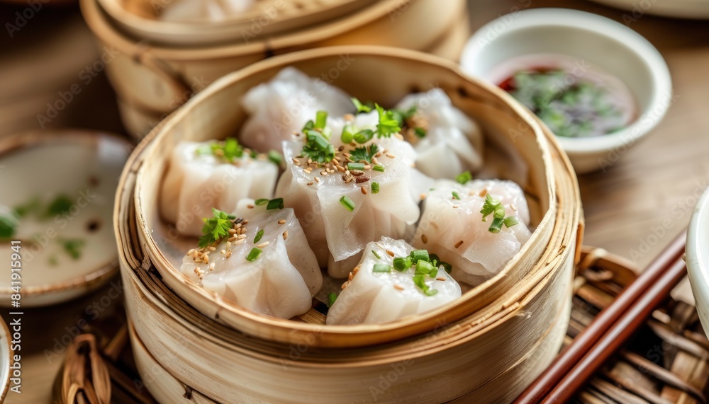Warm Shumai Dumpling Served in a Bamboo Steamer. Delicious Traditional Chinese Food Dimsum Warm Shumai Dumpling Served in a Bamboo Steamer. Delicious Traditional Chinese Food Dimsum