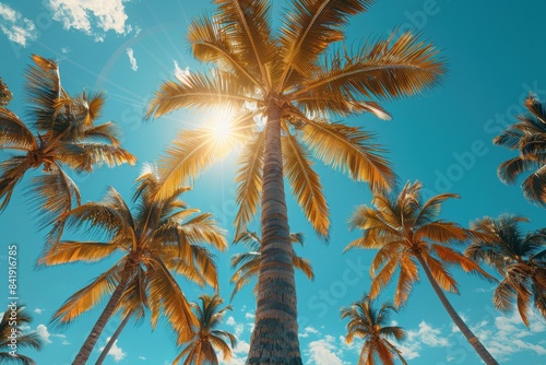 Towering sunlit palm trees on a tropical beach  symbolizing paradise. 