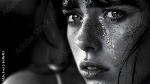 Captivating Portrait of a Sorrowful and Emotional Woman with Tears Streaming Down Her Face in a Powerful Black and White Photograph