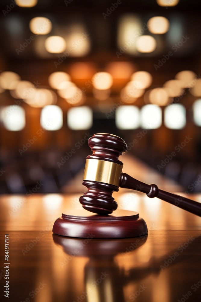 A wooden gavel sits on a wooden table. The gavel is surrounded by a blurry background, giving the impression of a courtroom scene A wooden gavel sits on a wooden table. The gavel is surrounded by a blurry background, giving the impression of a courtroom scene