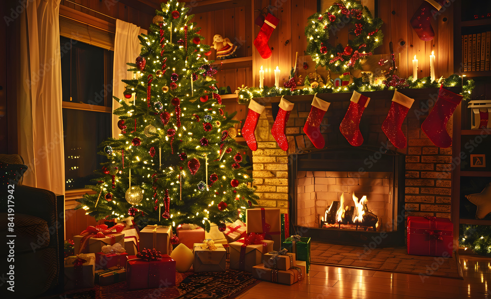 A festive living room with a decorated Christmas tree glowing by a warm fireplace, candles adding to the warm holiday atmosphere. A festive living room with a decorated Christmas tree glowing by a warm fireplace, candles adding to the warm holiday atmosphere.