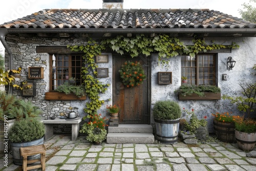  A rustic cottage with ivy-covered walls