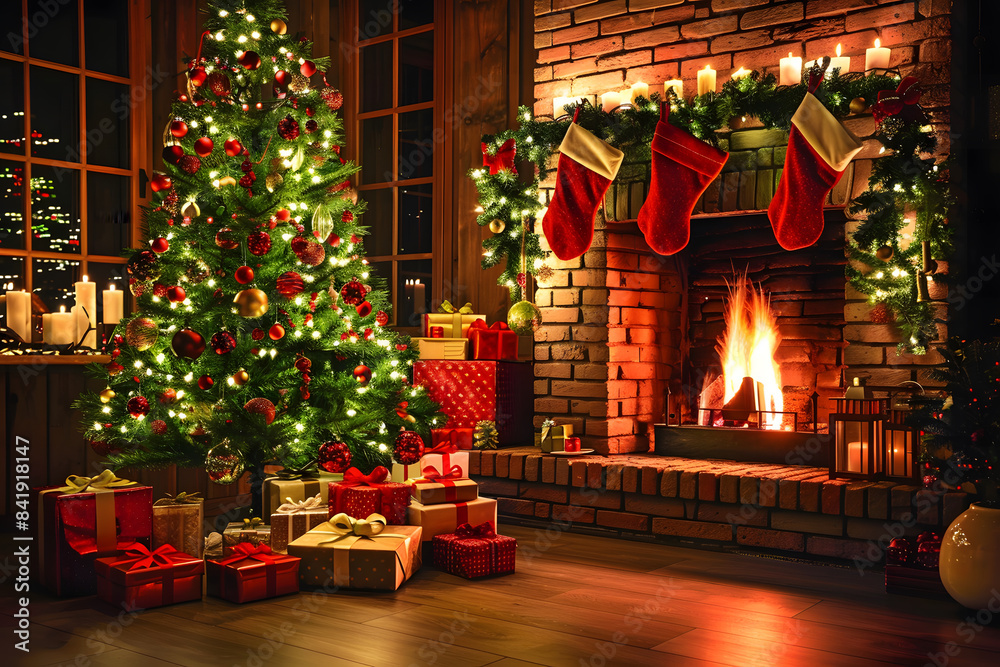 Christmas tree with presents near fireplace in cozy room, decorated for Christmas,adorned with festive stockings hanging from its mantel. In front of that is a pile of gifts wrapped beautifully. Christmas tree with presents near fireplace in cozy room, decorated for Christmas,adorned with festive stockings hanging from its mantel. In front of that is a pile of gifts wrapped beautifully.