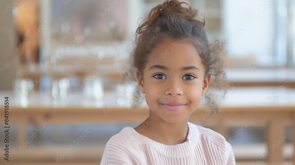 A portrait of a smiling black young girl with curly hair, standing indoors with soft, natural lighting and a blurred background. Classroom, education, homeschooling, future learning concept A portrait of a smiling black young girl with curly hair, standing indoors with soft, natural lighting and a blurred background. Classroom, education, homeschooling, future learning concept