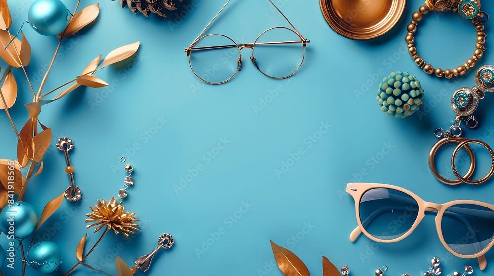 Naklejka premium Composition with female accessories on blue background