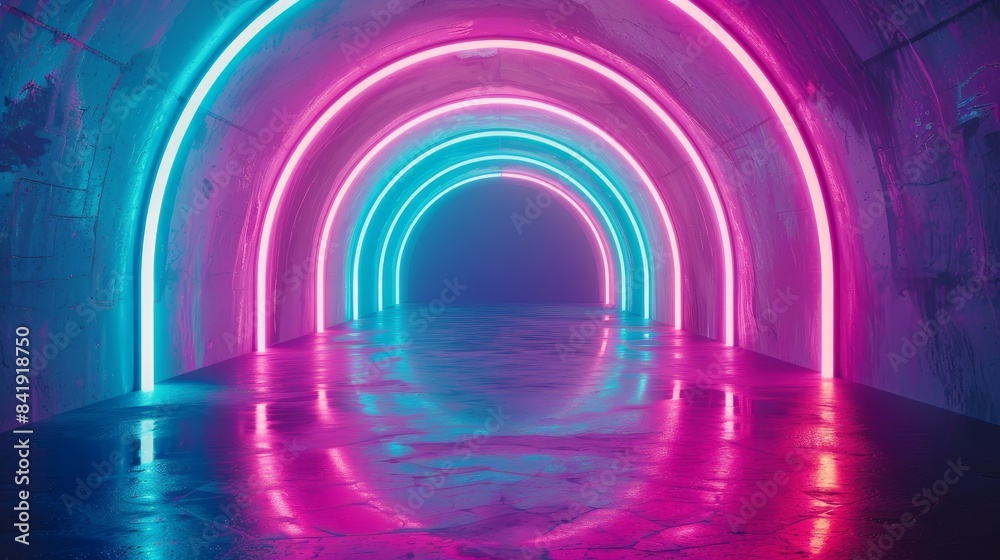 Neon lights tunnel in pink blue spectrum, virtual reality environment, glowing lines, abstract portal background, fashion stage, empty space, photo realistic, isolated on white background