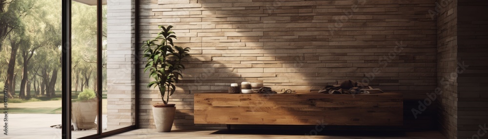 A wooden room with a bench and a vase. The room has a warm and cozy atmosphere A wooden room with a bench and a vase. The room has a warm and cozy atmosphere
