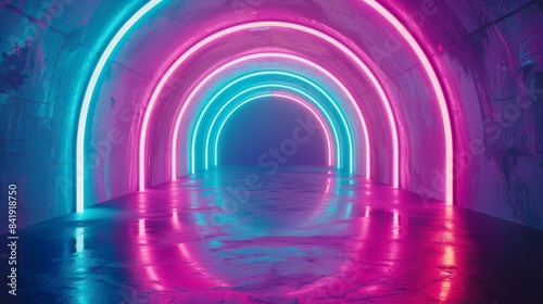 Neon lights tunnel in pink blue spectrum, virtual reality environment, glowing lines, abstract portal background, fashion stage, empty space, photo realistic, isolated on white background