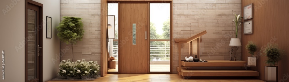 Fototapeta premium A wooden room with a bench and a vase. The room has a warm and cozy atmosphere
