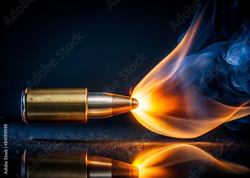 A Close-Up Of A Bullet In Mid-Air, With A Bright Flash Of Light And Smoke. photo