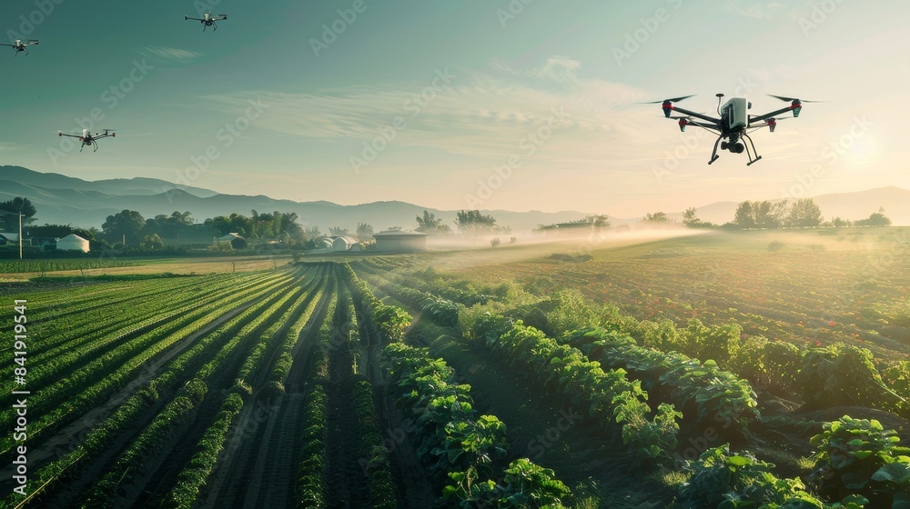 Photorealistic panoramic view of a futuristic agricultural landscape, featuring drone pollinators and automated farming equipment, minimalistic design Photorealistic panoramic view of a futuristic agricultural landscape, featuring drone pollinators and automated farming equipment, minimalistic design