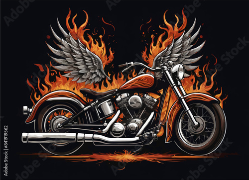 Vector t-shirt design with biker motorcycle, wings
and fire on black background.
Fashionable print for fabric, paper, men clothing,
hoodie, biker jacket. T shirt template with flame.