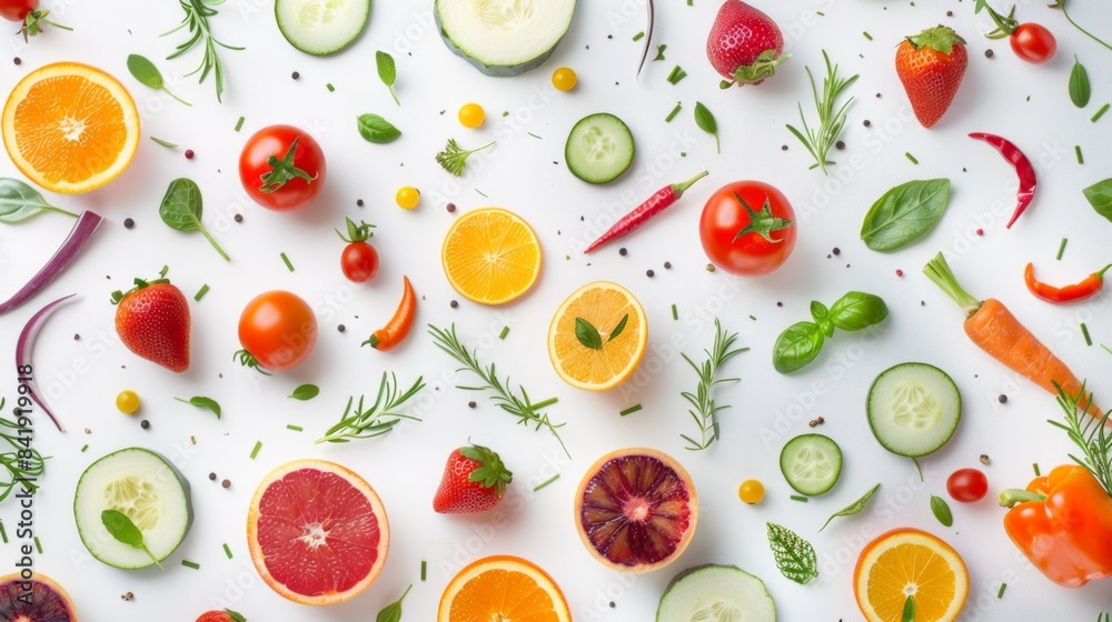 Eating pattern with raw ingredients of salad on white wooden background. Top view. Eating pattern with raw ingredients of salad on white wooden background. Top view.