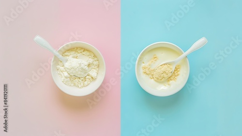 Concept of baby food with N?owdered milk on two color background photo