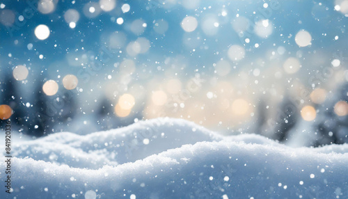 Abstract winter scenery, white snow and bokeh. Festive minimal background. Cold weather.